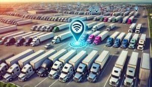 fleet of semi-trucks with a focus on GPS tracking, showcasing modern logistics and technology.