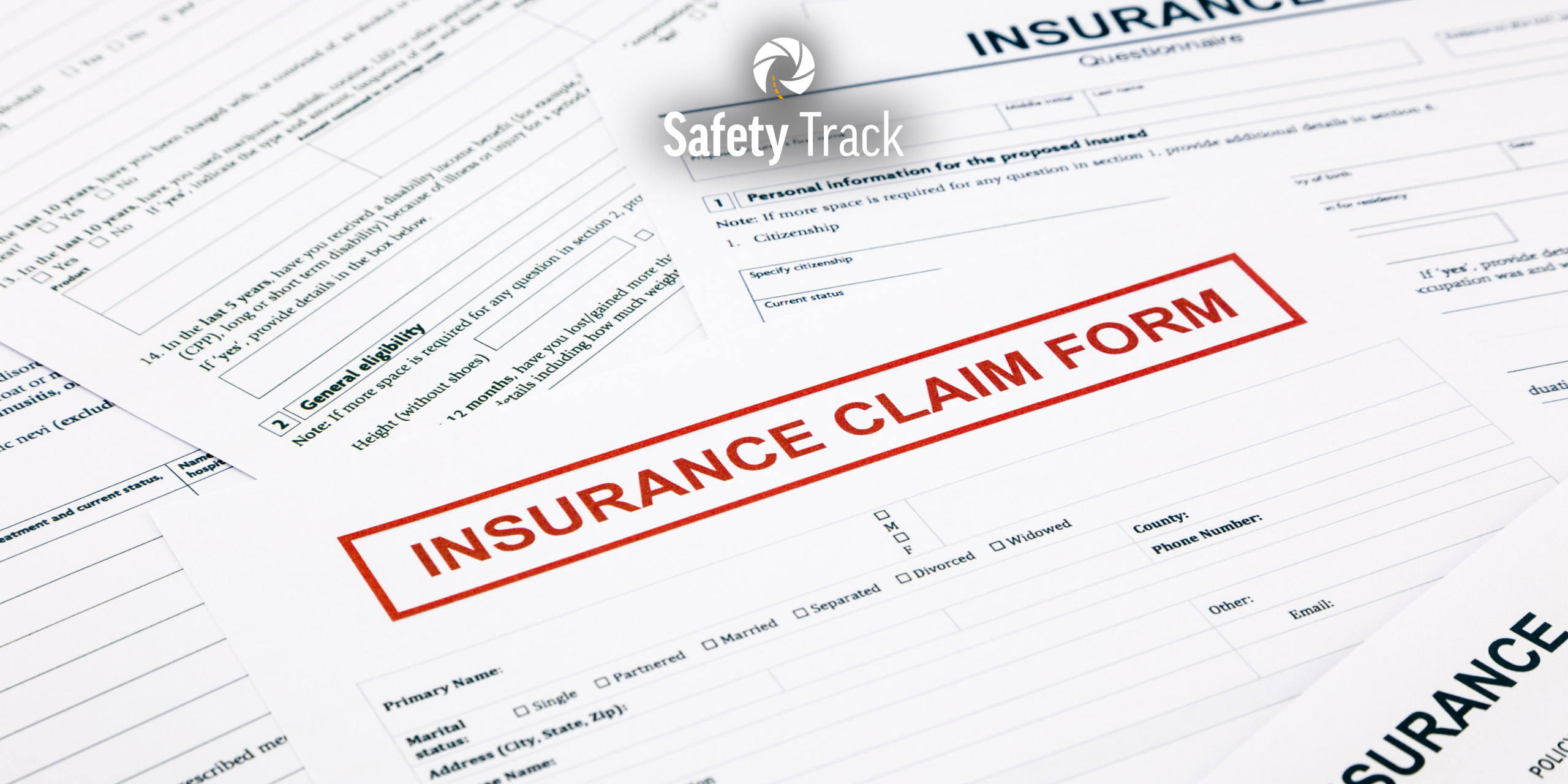 Insurance claim form with the title prominently displayed in red, surrounded by additional insurance documents, featuring the Safety Track logo at the top.