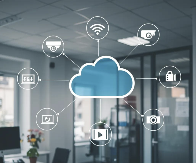 Cloud computing diagram illustrating connections to security cameras, Wi-Fi, data storage, and monitoring devices, relevant to fleet management and safety technologies by Safety Track.