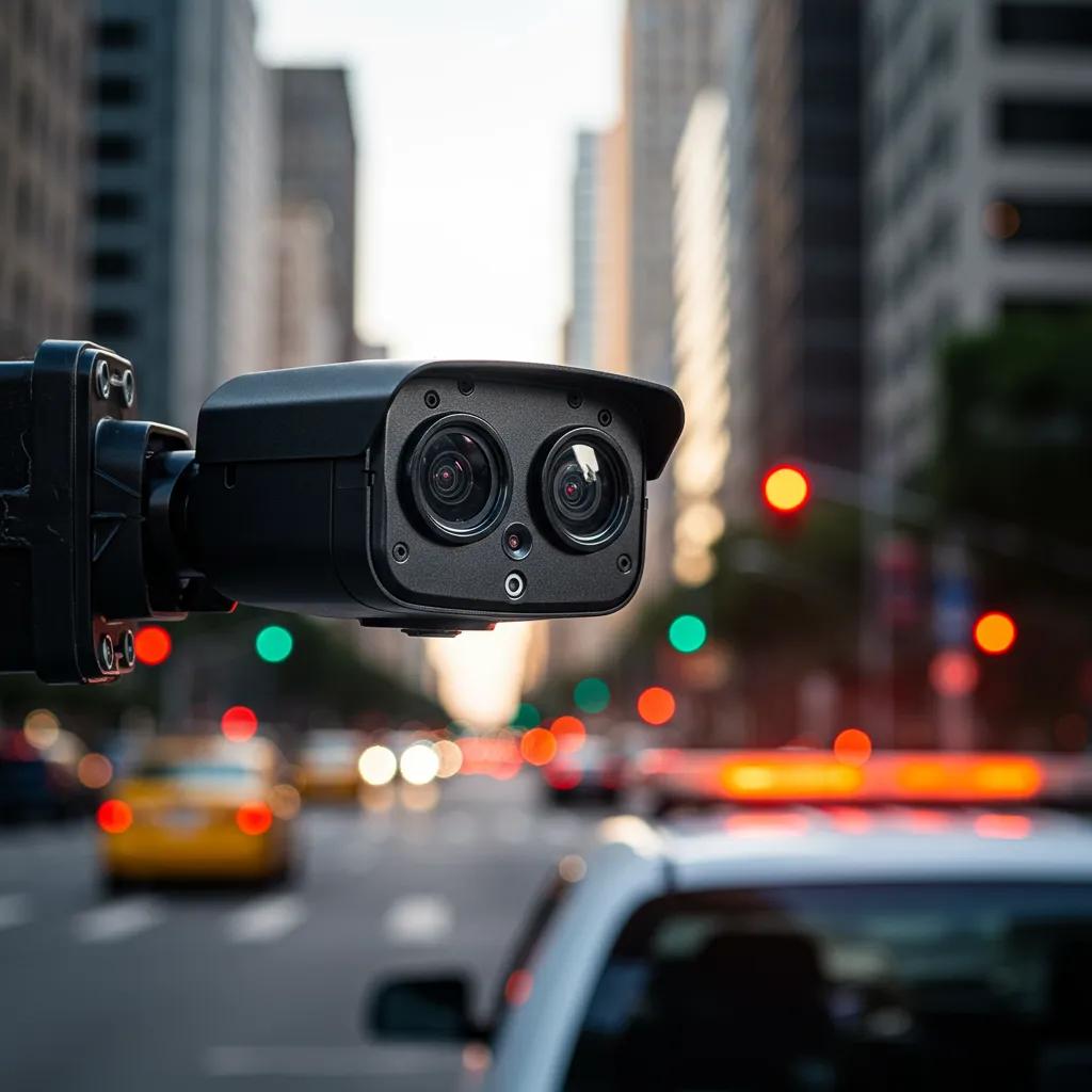 AI-powered fleet camera capturing a busy urban street scene, emphasizing safety and monitoring