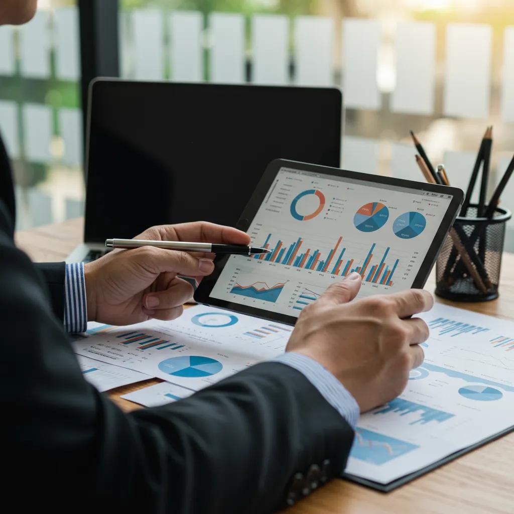 Fleet manager analyzing data on a tablet in a professional office environment, emphasizing data-driven decision making
