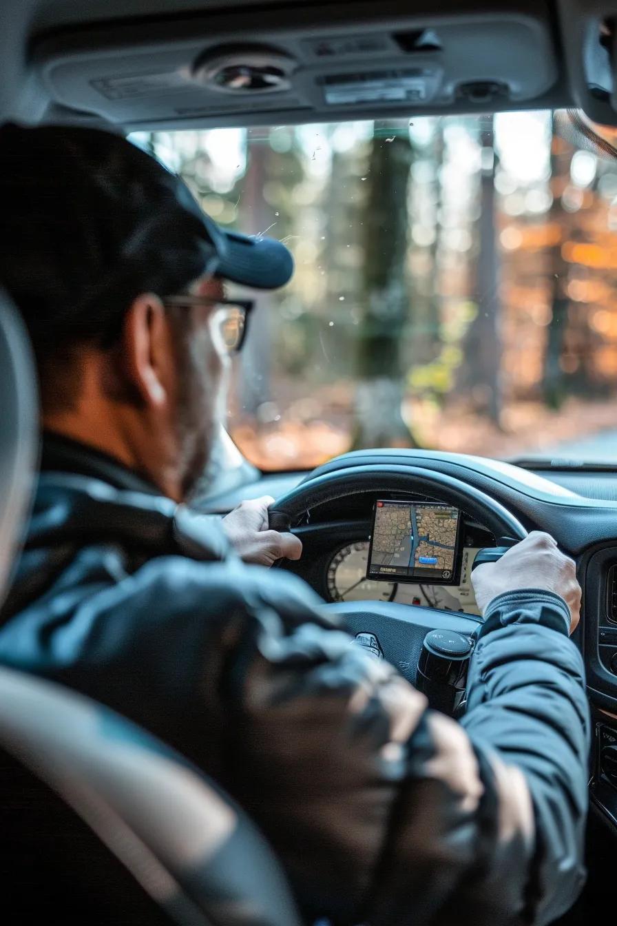 A driver interacting with a dash cam, highlighting real-time feedback for safer driving practices