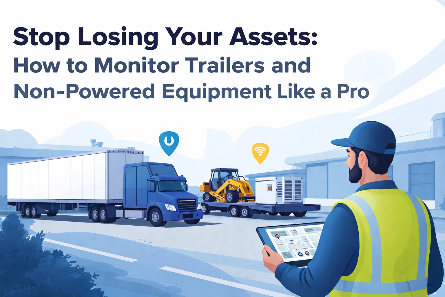 Man in safety vest holding tablet, monitoring trucks and non-powered equipment like trailers and generators, with GPS tracking icons, emphasizing asset management and visibility.