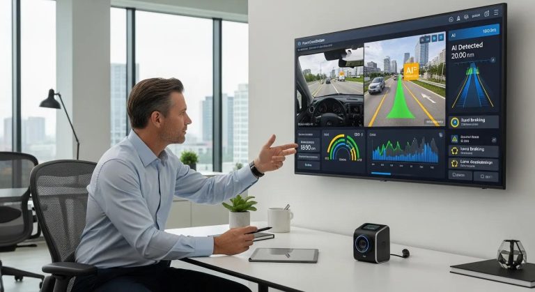 Fleet manager reviewing AI dash camera footage for driver coaching in a modern office