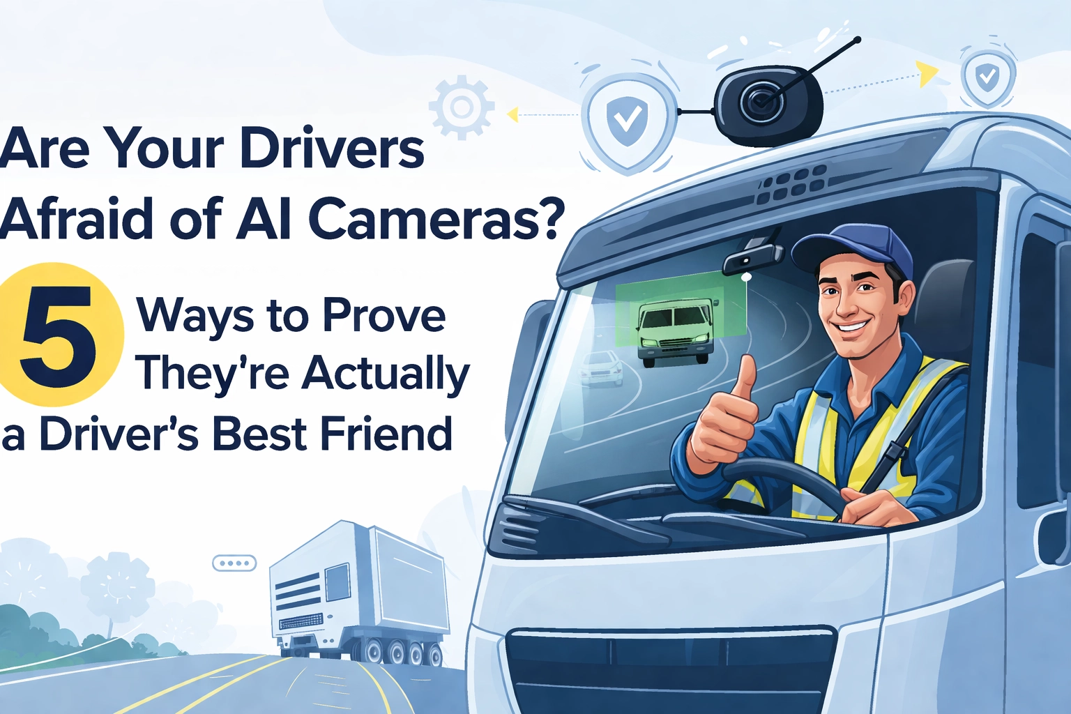 AI dash camera concept with smiling driver giving a thumbs up in a truck, illustrating benefits of AI cameras for fleet safety and driver support.