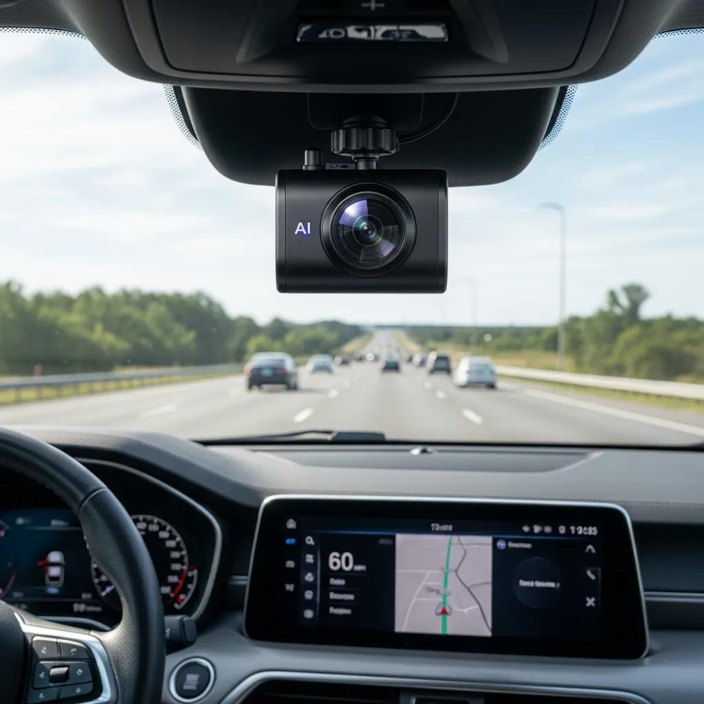 AI dash camera mounted in a vehicle, capturing the road ahead