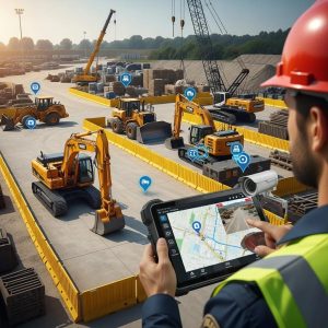 Construction site with GPS and camera systems enhancing asset security
