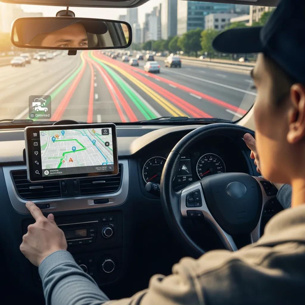 Delivery driver using AI-powered navigation system for route optimization, with digital map displaying efficient routes and traffic indicators.