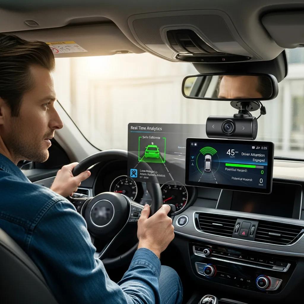 Driver interacting with AI dash camera displaying real-time analytics