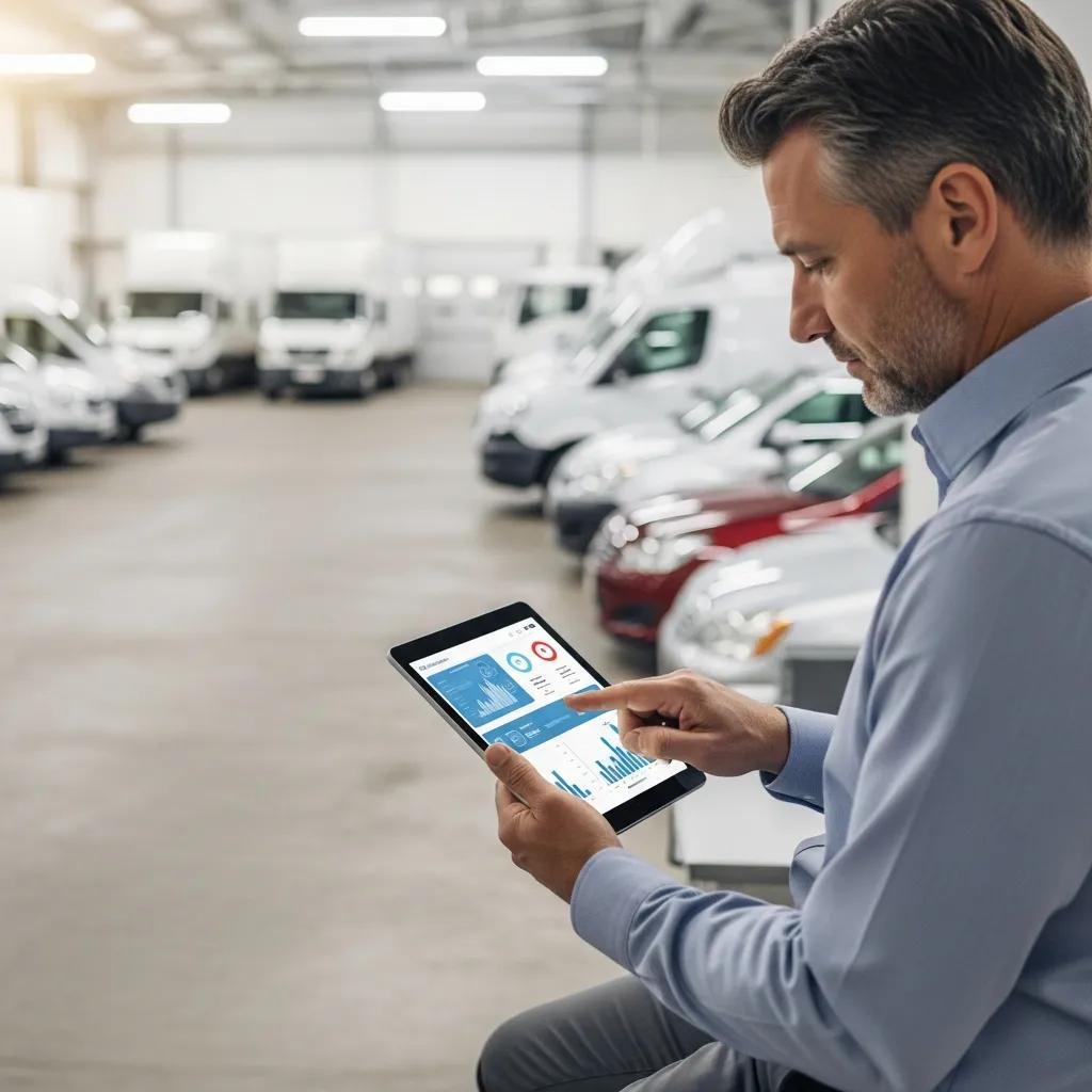 Fleet manager analyzing driver behavior data on a tablet in a fleet yard, emphasizing safety and technology