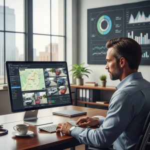 Fleet manager analyzing GPS and camera data for safety and accountability