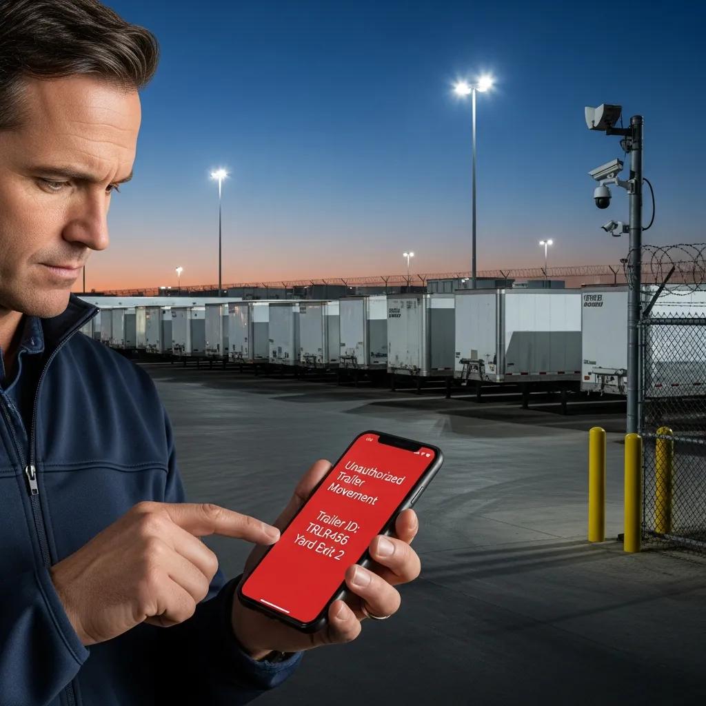 Fleet manager receiving alert on smartphone about unauthorized trailer movement, displaying trailer ID and location details in a secure yard with trailers and surveillance cameras in the background.