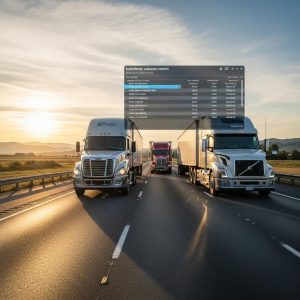 Fleet of commercial trucks on a highway representing ELD compliance and safety