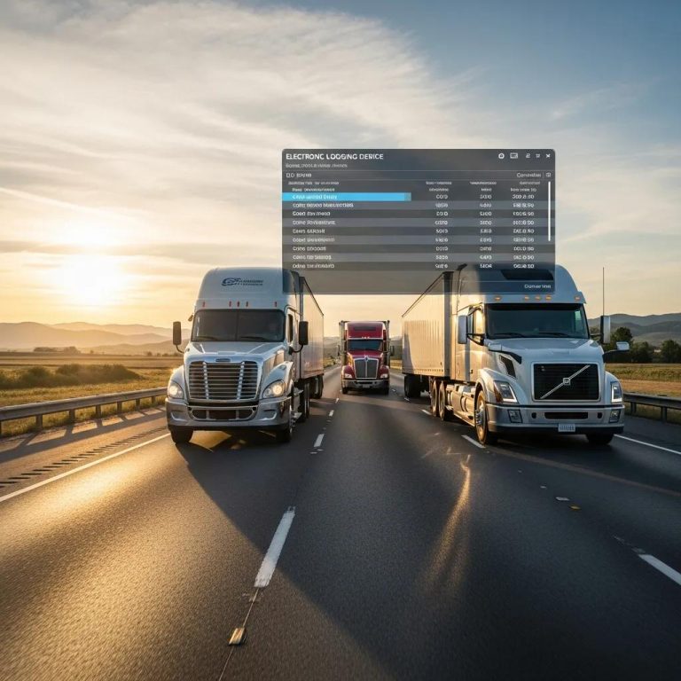 Fleet of commercial trucks on a highway representing ELD compliance and safety