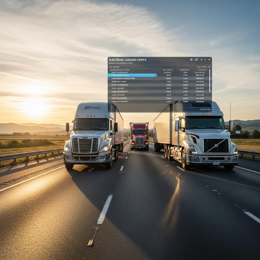 Fleet of commercial trucks on a highway representing ELD compliance and safety