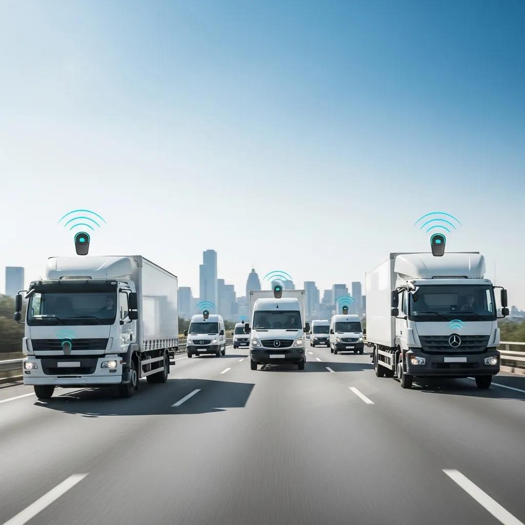 Fleet of vehicles with GPS tracking devices on a busy highway, representing modern fleet management