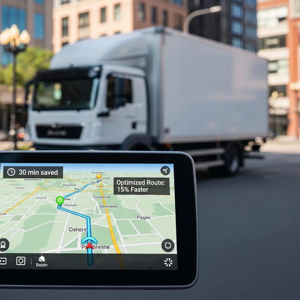 GPS navigation screen displaying an optimized route for a delivery truck, highlighting time savings and efficiency