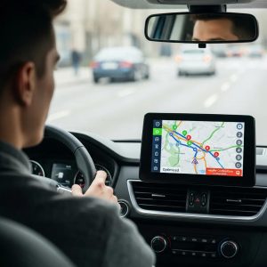 Driver monitoring GPS navigation screen displaying optimized delivery routes, enhancing operational efficiency and resource management in transportation systems.
