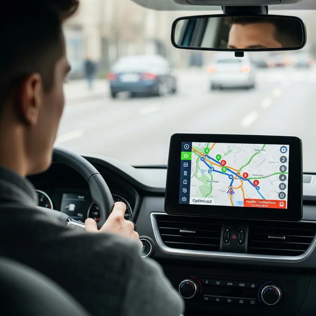 GPS navigation screen displaying optimized delivery routes with a driver engaged in monitoring