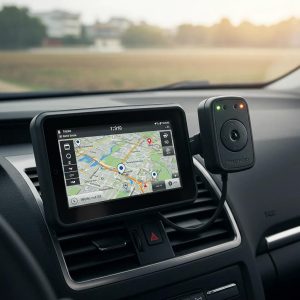 GPS tracking device in a vehicle showing real-time location and route information