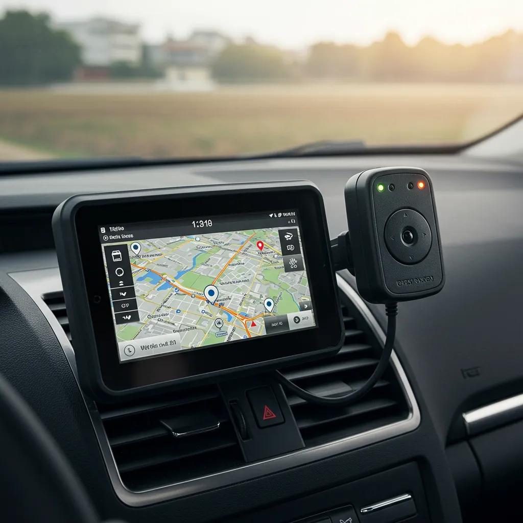 GPS tracking device in a vehicle showing real-time location and route information