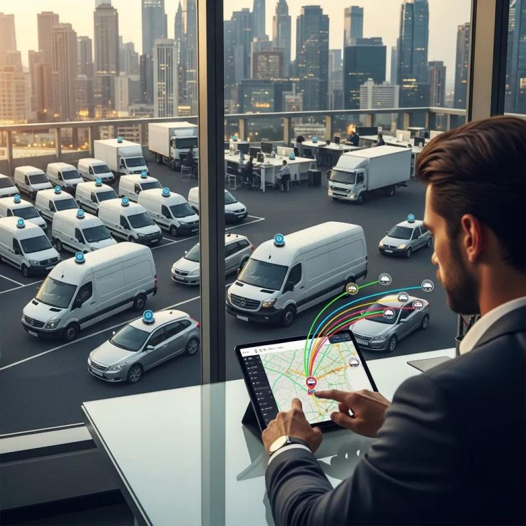 GPS tracking technology in a business setting with vehicles and a manager monitoring data