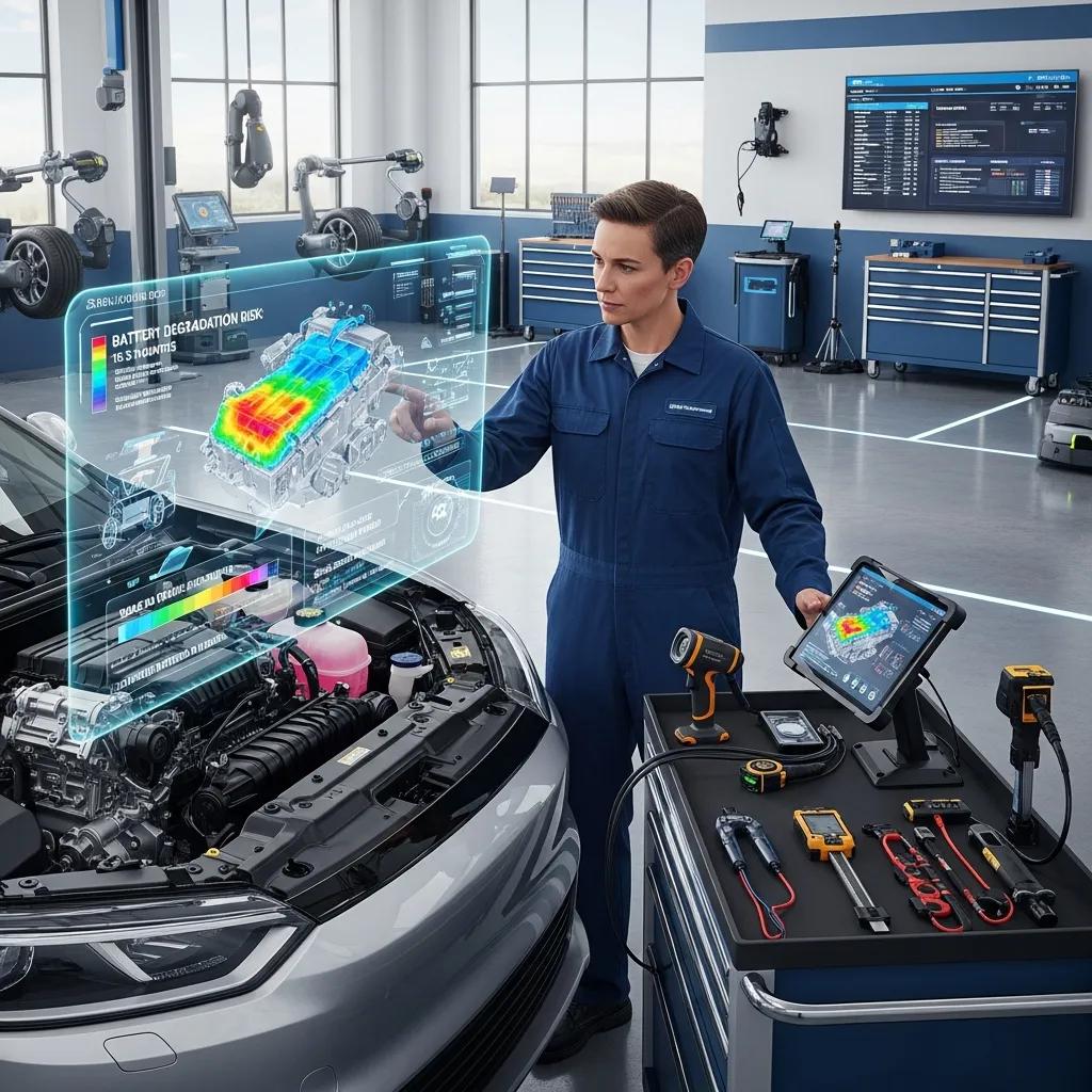 Mechanic using AI tools for predictive maintenance in a modern workshop, analyzing battery degradation risk and vehicle performance metrics displayed on a holographic interface, with diagnostic equipment on a workbench.