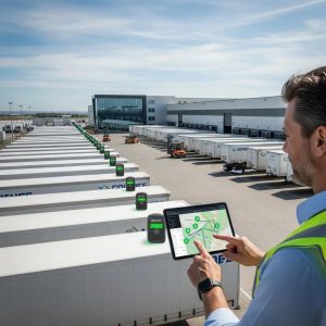 Real-time trailer tracking system in a logistics yard with GPS devices and a fleet manager monitoring locations