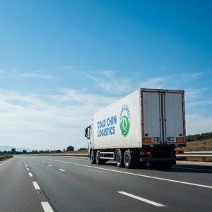 Refrigerated truck on a highway representing cold chain logistics and food safety compliance