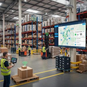 Warehouse scene showcasing GPS tracking technology for enhanced asset visibility and inventory control, with workers monitoring packages and a digital display of real-time location data.