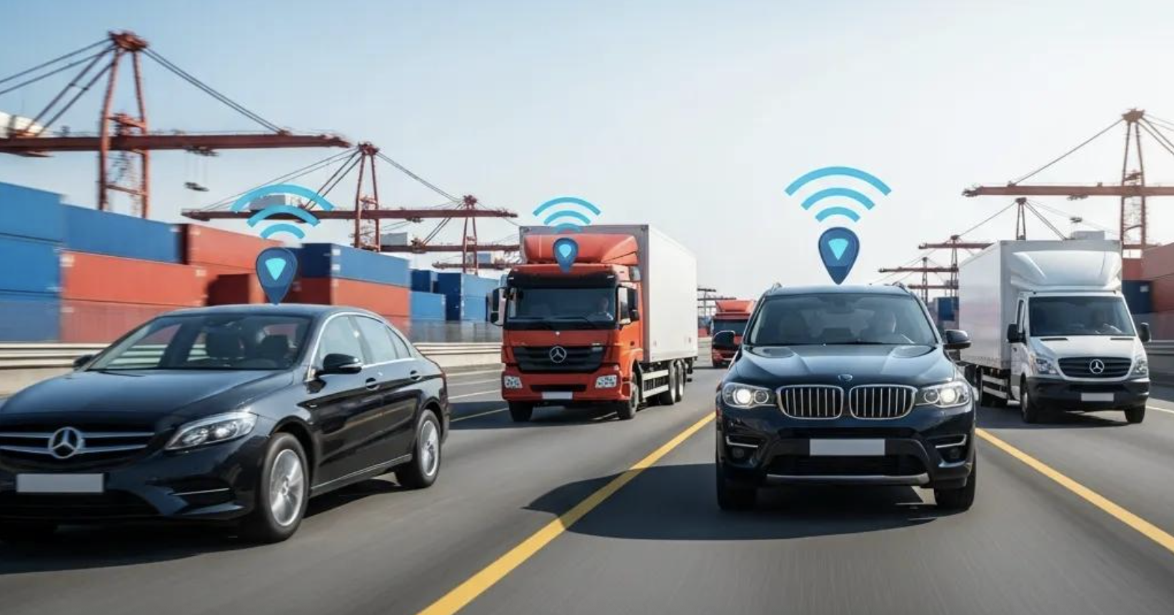 Vehicles on a highway with visible GPS tracking icons, representing fleet tracking solutions in a logistics setting.