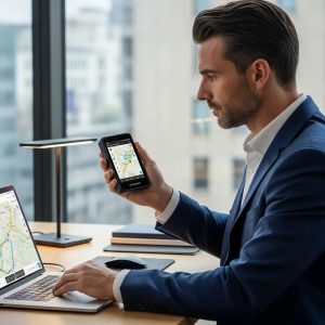 Business professional using a GPS tracking device in a modern office setting