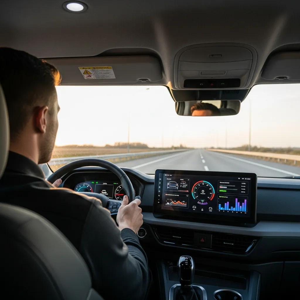 Driver monitoring vehicle performance with digital dashboard displaying real-time metrics and alerts for fleet management efficiency and safety.