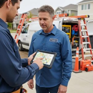 Field service worker using GPS technology on a tablet while assisting a customer, with a service vehicle and equipment in the background, highlighting real-time asset tracking and workforce management.