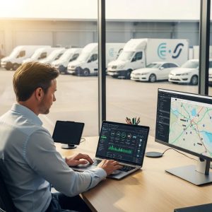Fleet manager analyzing data with vehicles in the background, showcasing modern fleet management