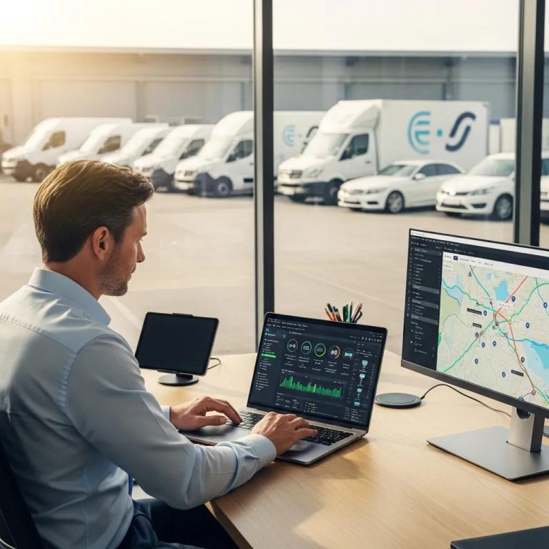 Fleet manager analyzing data with vehicles in the background, showcasing modern fleet management