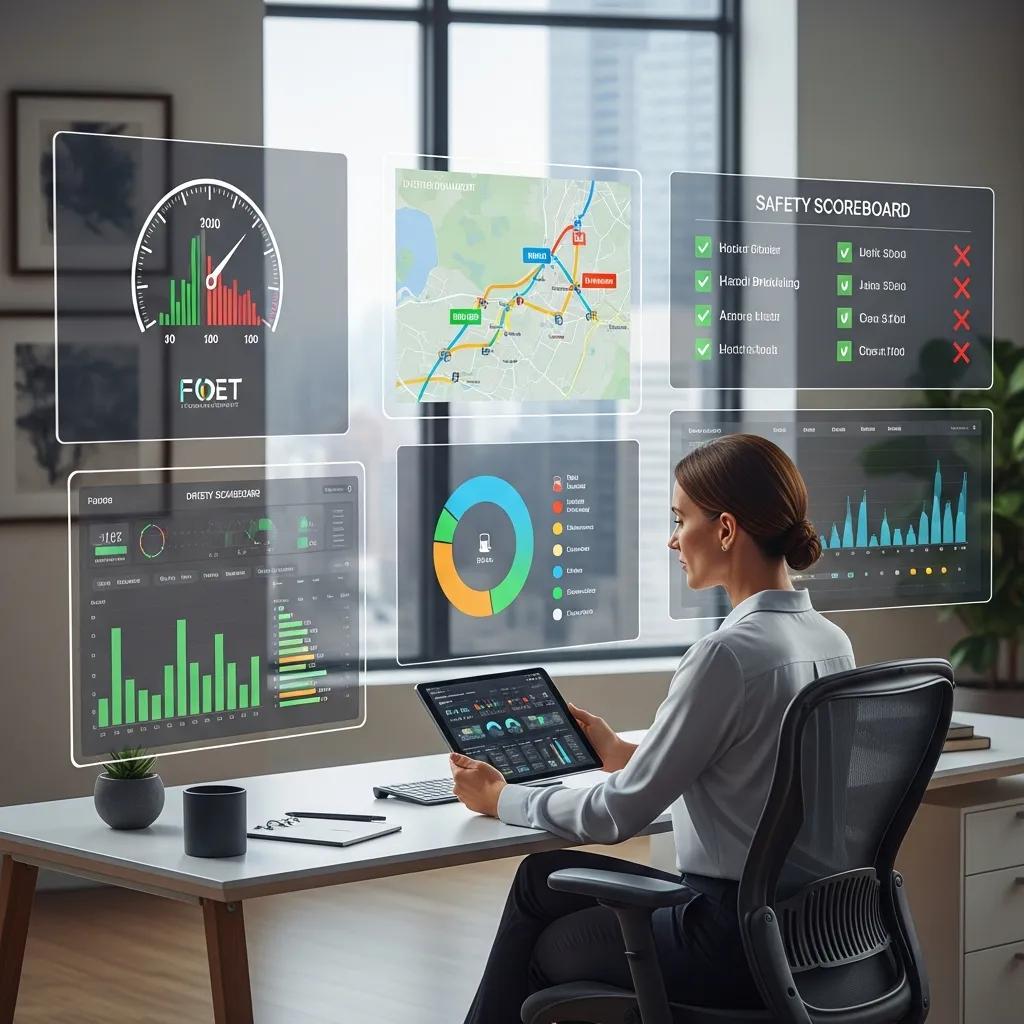 Fleet manager analyzing telematics data on a tablet in a modern office, with visual dashboards displaying driver behavior analytics, safety scores, and vehicle performance metrics.
