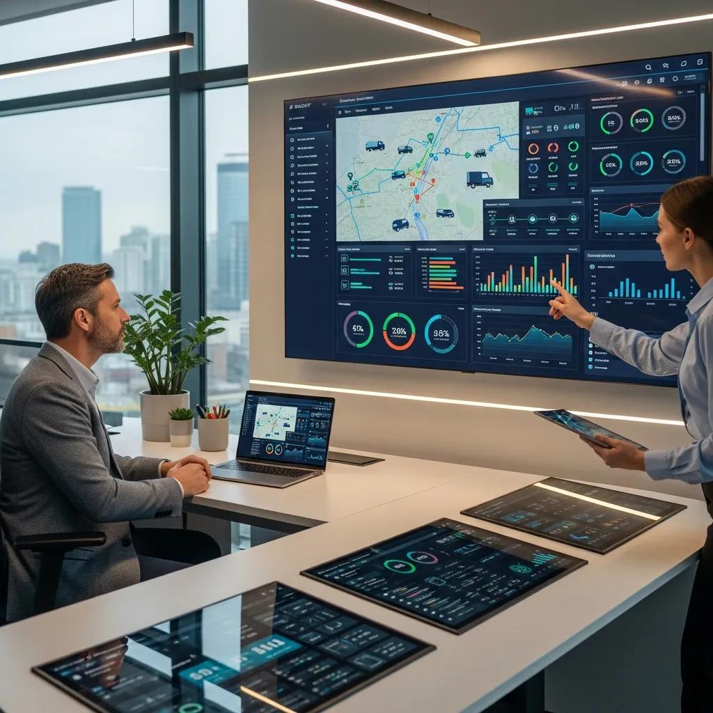 Fleet manager analyzing real-time data on a digital dashboard, featuring vehicle tracking maps, performance metrics, and analytics displays in a modern office setting.