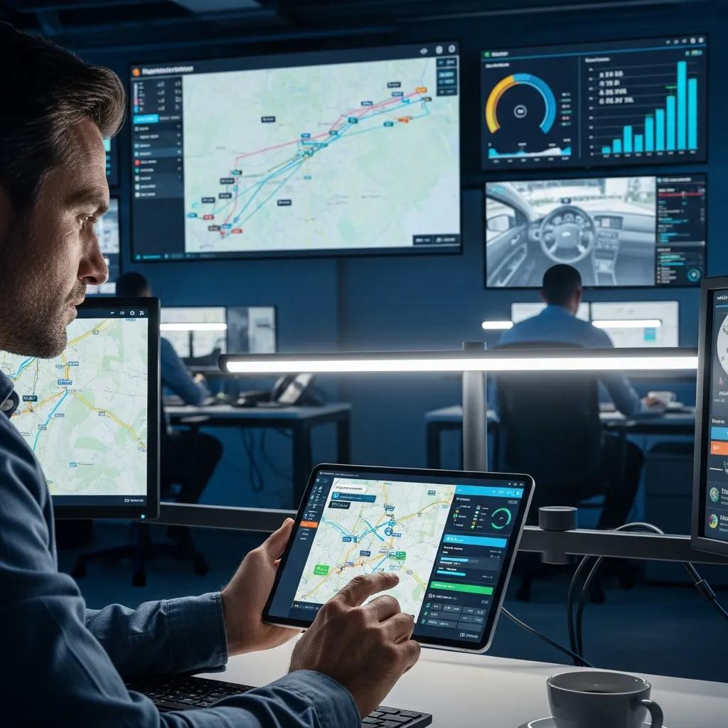 Fleet manager using tablet to monitor real-time GPS tracking data in a control room, with multiple screens displaying vehicle locations and performance metrics.