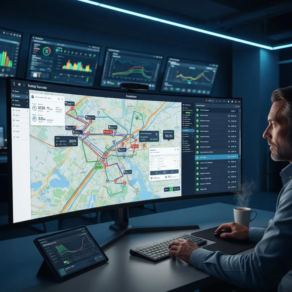 Fleet manager monitoring real-time vehicle locations on a screen with telematics data, showcasing driver behavior analytics and operational efficiency in fleet management.