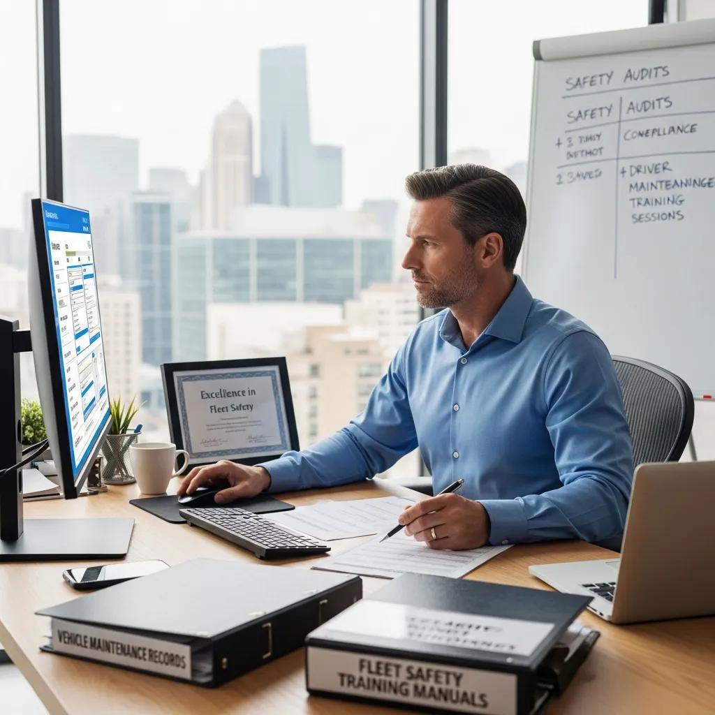 Fleet manager reviewing a compliance checklist, highlighting the importance of fleet safety management