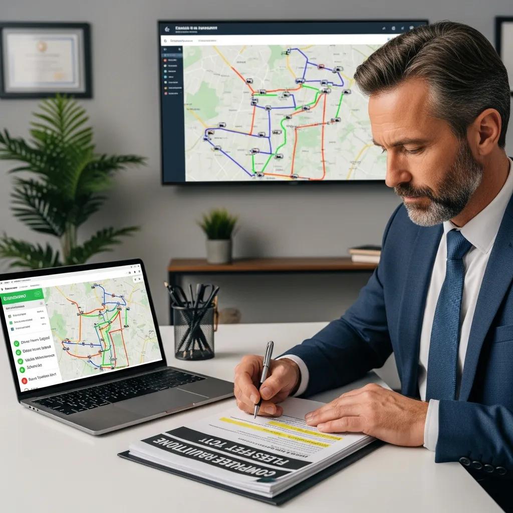 Fleet manager reviewing compliance documents and GPS tracking data on laptop, with vehicle routes displayed on a monitor in an office setting.