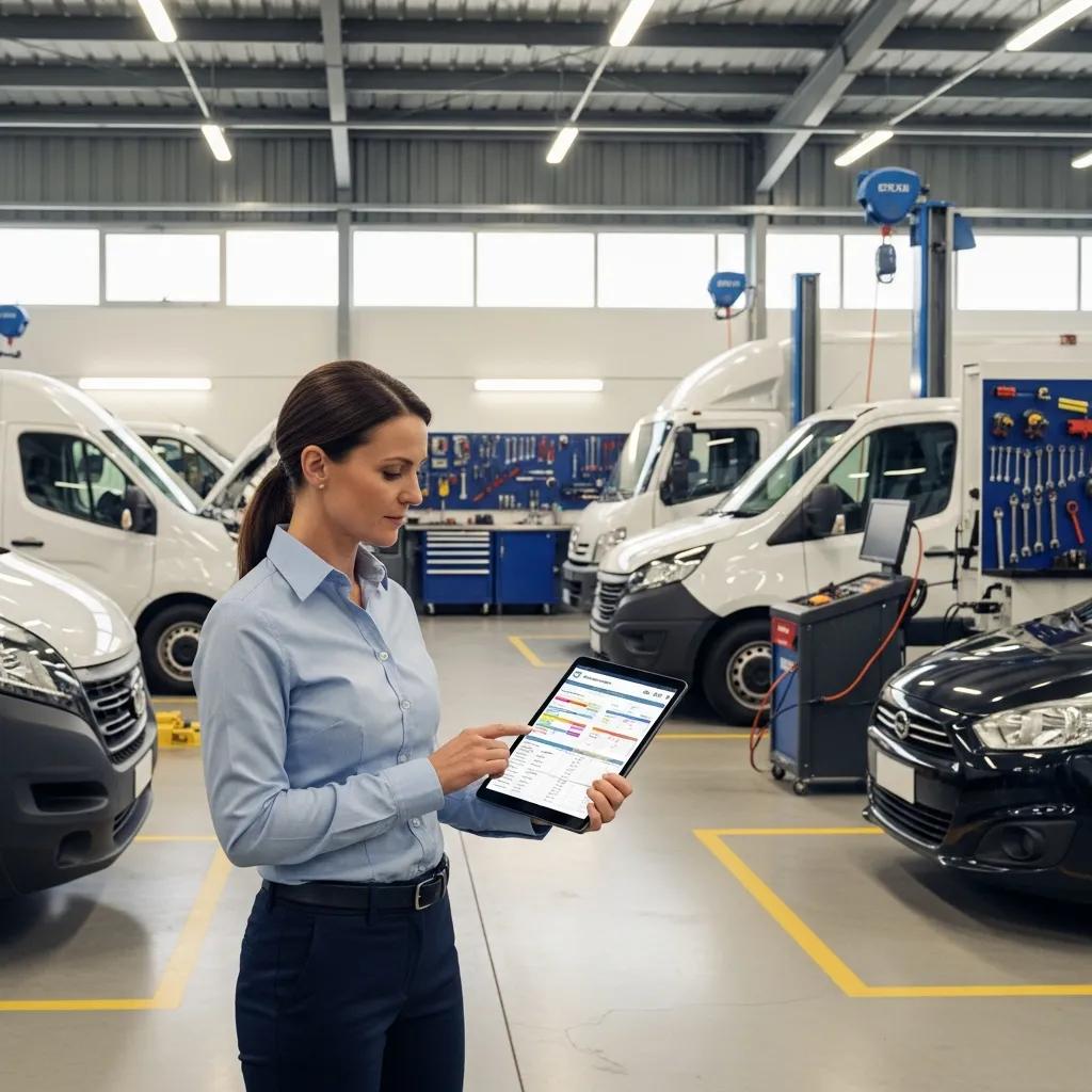Fleet manager using a tablet for preventive maintenance scheduling to minimize vehicle downtime