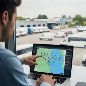 Fleet manager using GPS technology to track vehicles in a fleet yard