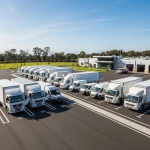 Fleet of commercial vehicles parked safely, representing fleet safety regulations and compliance