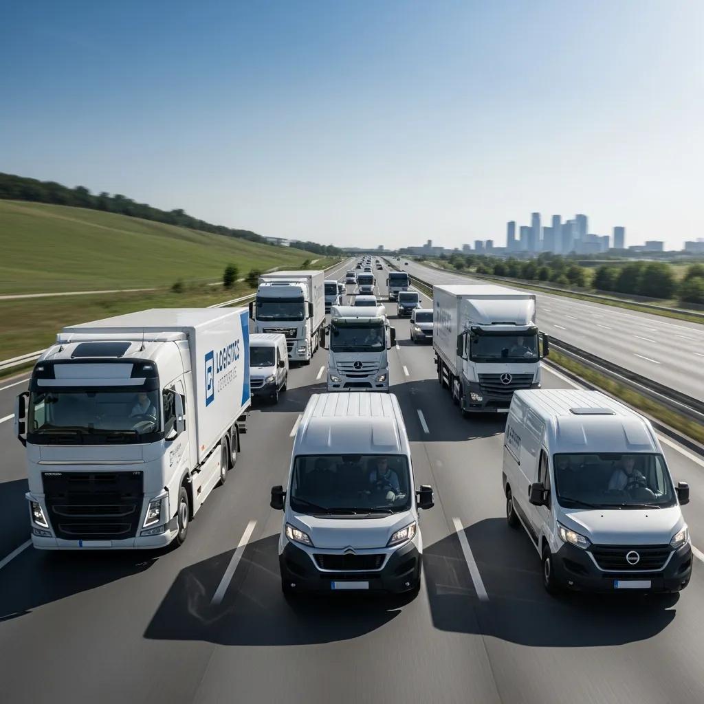 Fleet of modern vehicles on the road emphasizing safety and technology