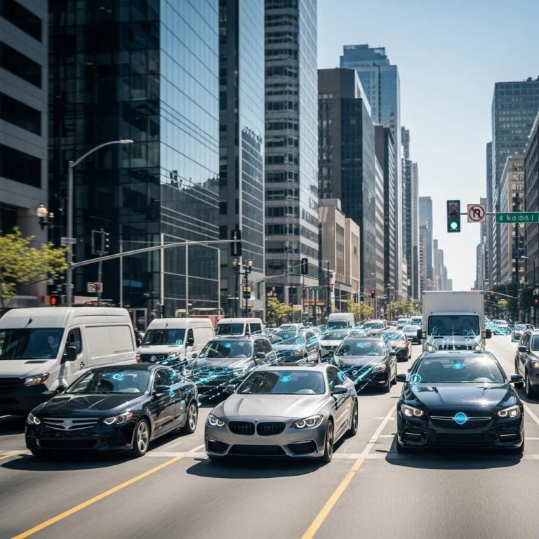 Fleet of modern vehicles with telematics devices in a bustling city, representing predictive analytics in vehicle tracking