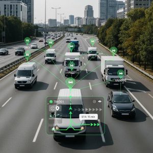 Fleet of vehicles with GPS tracking overlay representing fleet tracking software benefits