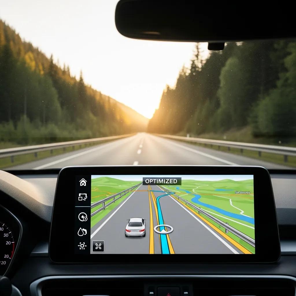 GPS navigation screen displaying an optimized route for fleet management, emphasizing AI-driven route planning and efficiency in logistics.