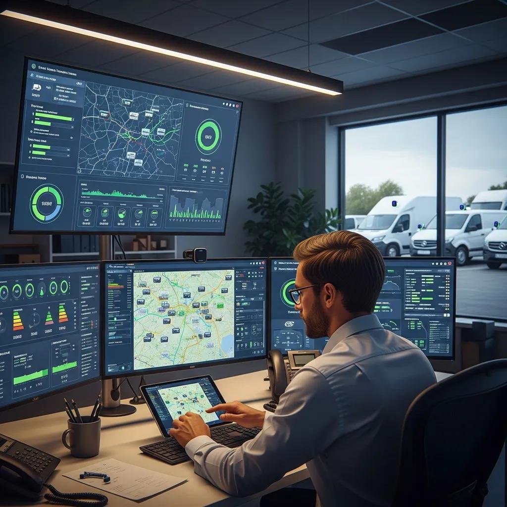 Fleet manager using multiple monitors to track vehicle locations and performance with GPS tracking systems in a modern office setting.